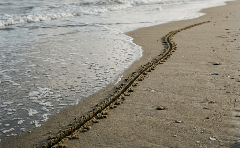 Curving track in the sand near ocean waves on a beach