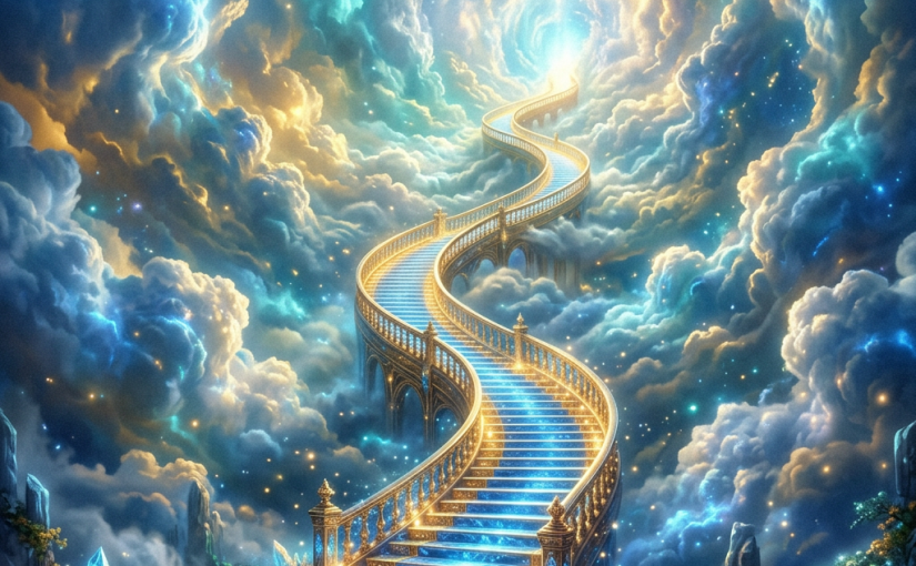 A luminous, winding staircase ascending through swirling clouds toward a radiant light