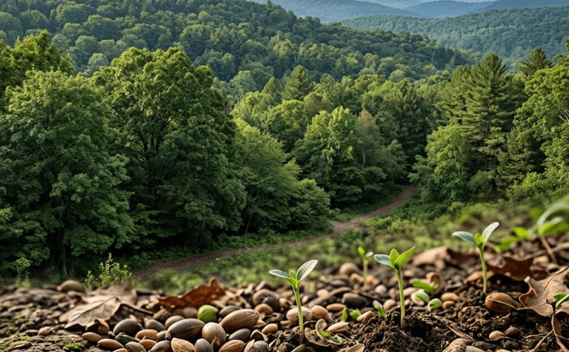 Seedlings and acorns on the forest floor with green tree-covered hills in the background