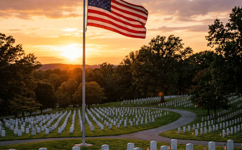 American flag flying over military cemetery gravestones at sunset