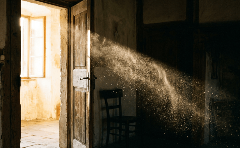 Sunlight shining through an open wooden door highlighting dust particles in the air