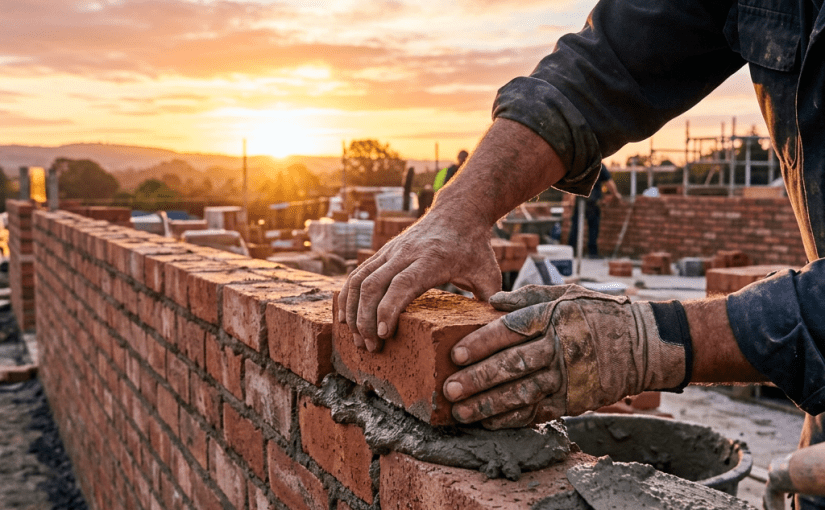 Worker placing a brick on a newly built brick wall with mortar during sunset