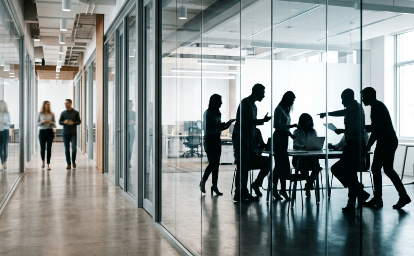 Business team collaborating around a conference table in modern office