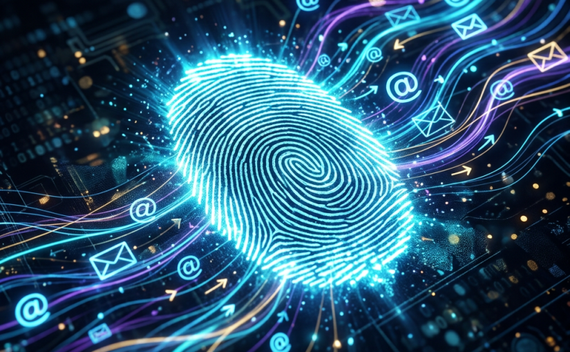 Glowing digital fingerprint with flowing email and at-symbol data lines
