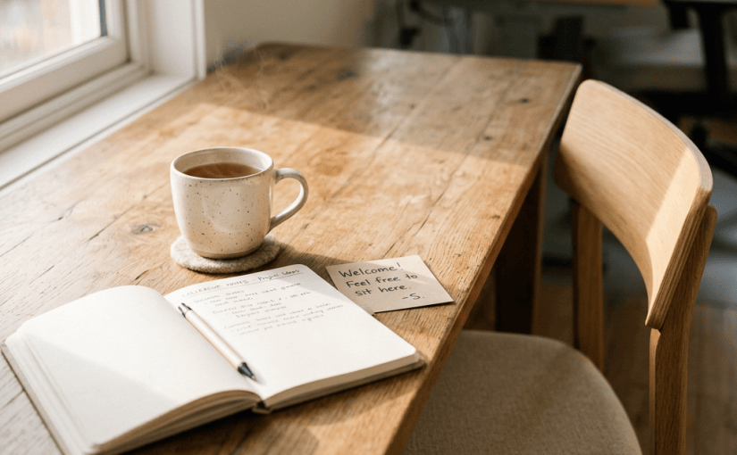 Open notebook, tea cup, and note reading “Welcome! Feel free to stay here. —S.”