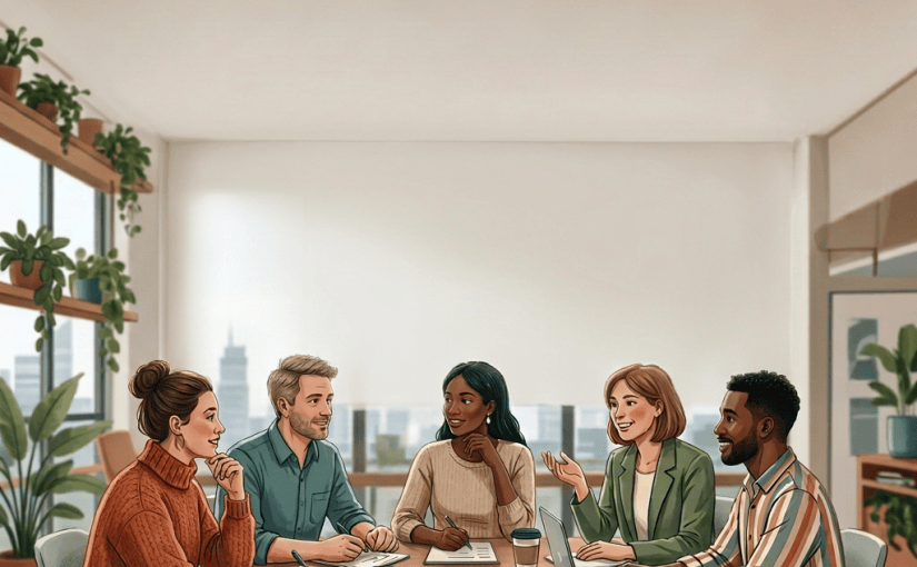 Five colleagues collaborating at a table with illustrated speech bubbles and leafy branches