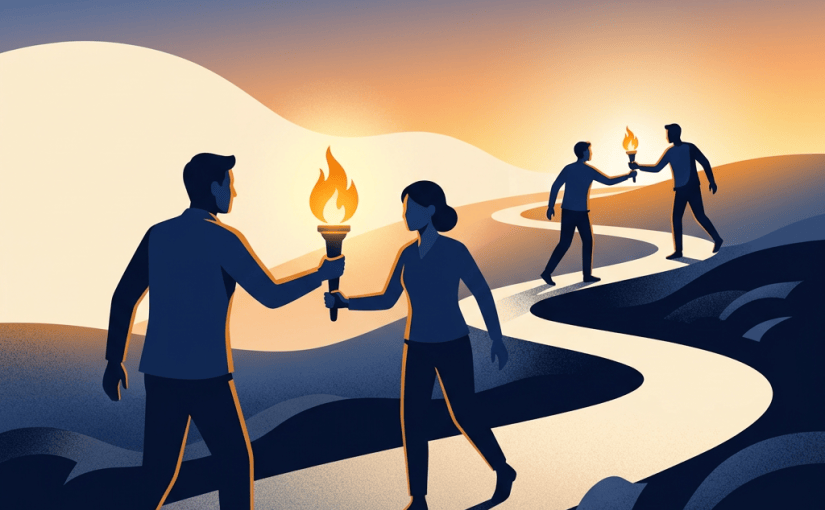 Four people pass lit torches along a winding path at sunset