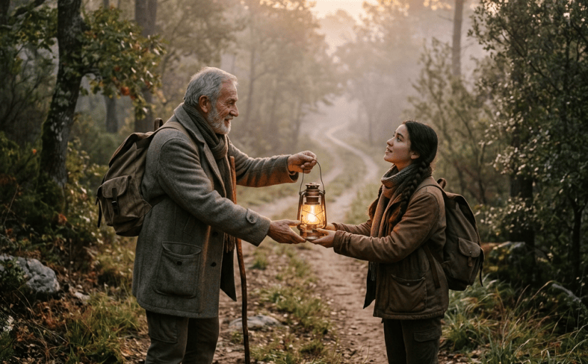 Two hikers exchange a glowing lantern on a forest trail